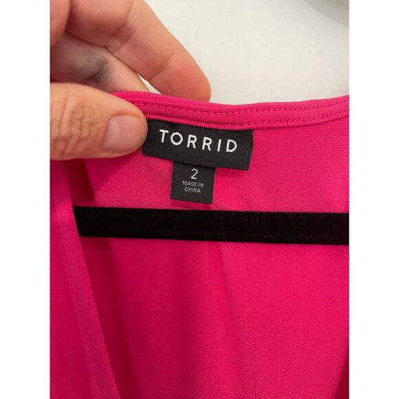 Torrid Womens Midi Skater Dress Plus Size 2X Solid HOT Dark Pink Flutter Sleeves - Picture 2 of 4